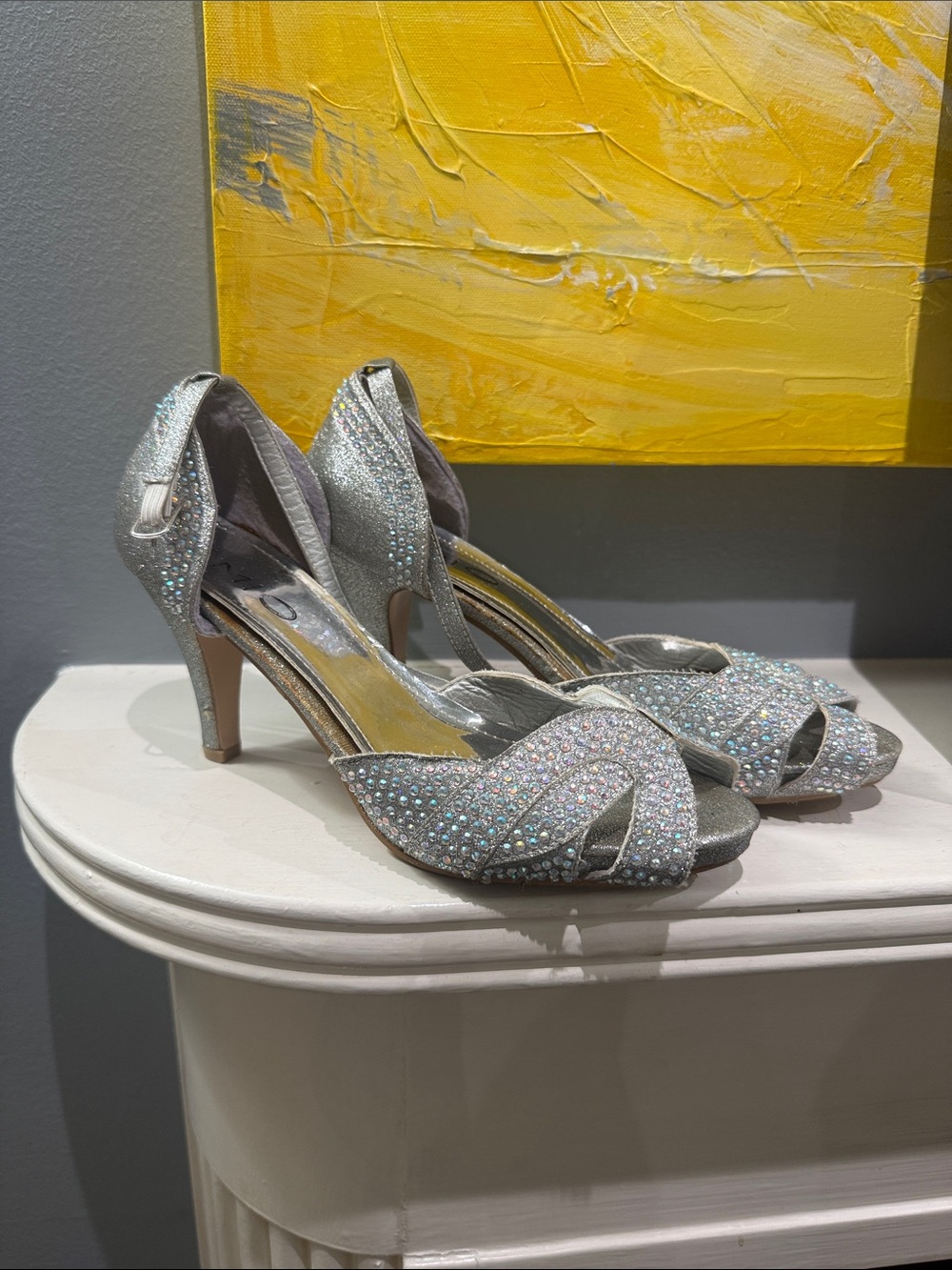 Crystal Embellished Silver Peep-Toe Heels with Ankle Strap